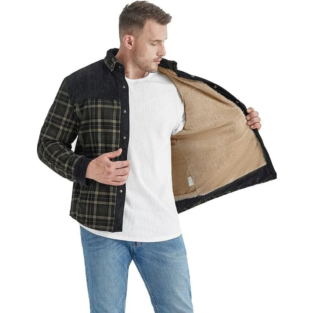 Men's Army Green Long Sleeve Sherpa Lined Flannel Shirt Jacket Fleeces